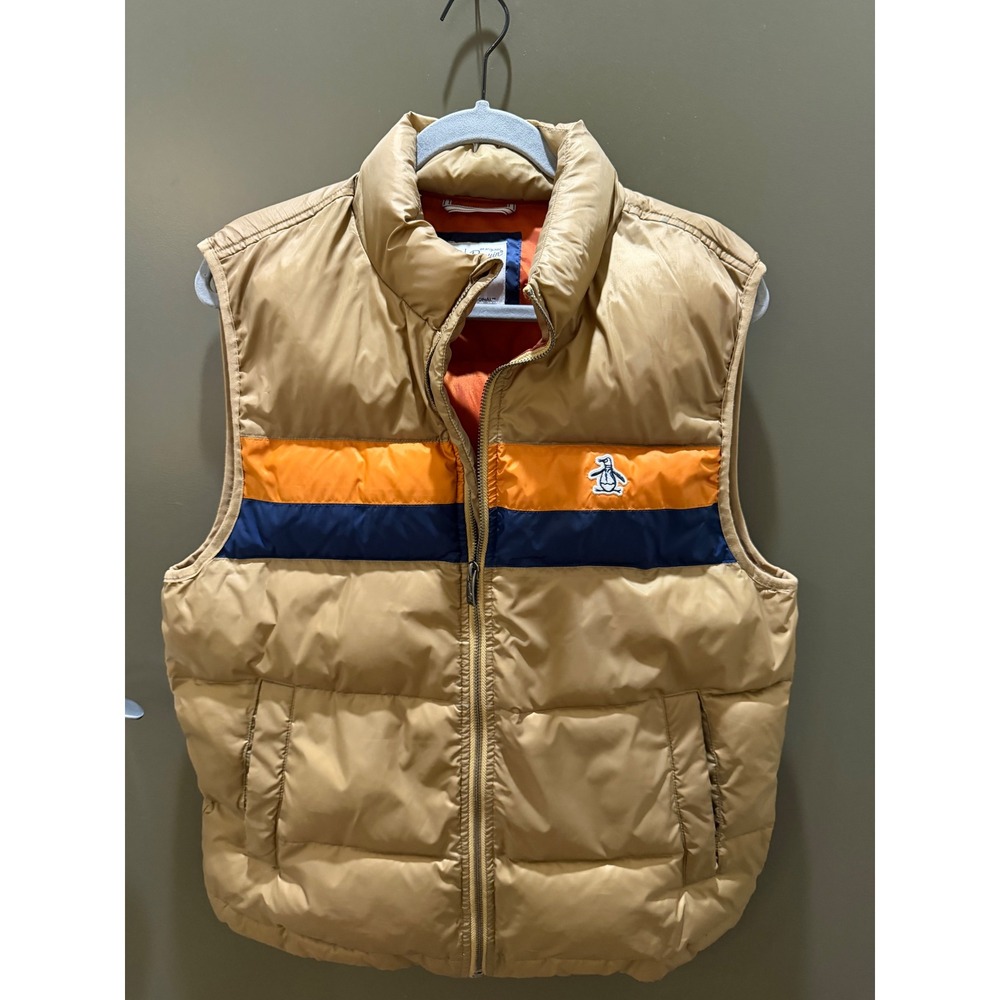 Original Penguin Mens Puffer Vest Tan Orange Blue Striped Quilted Full Zip L